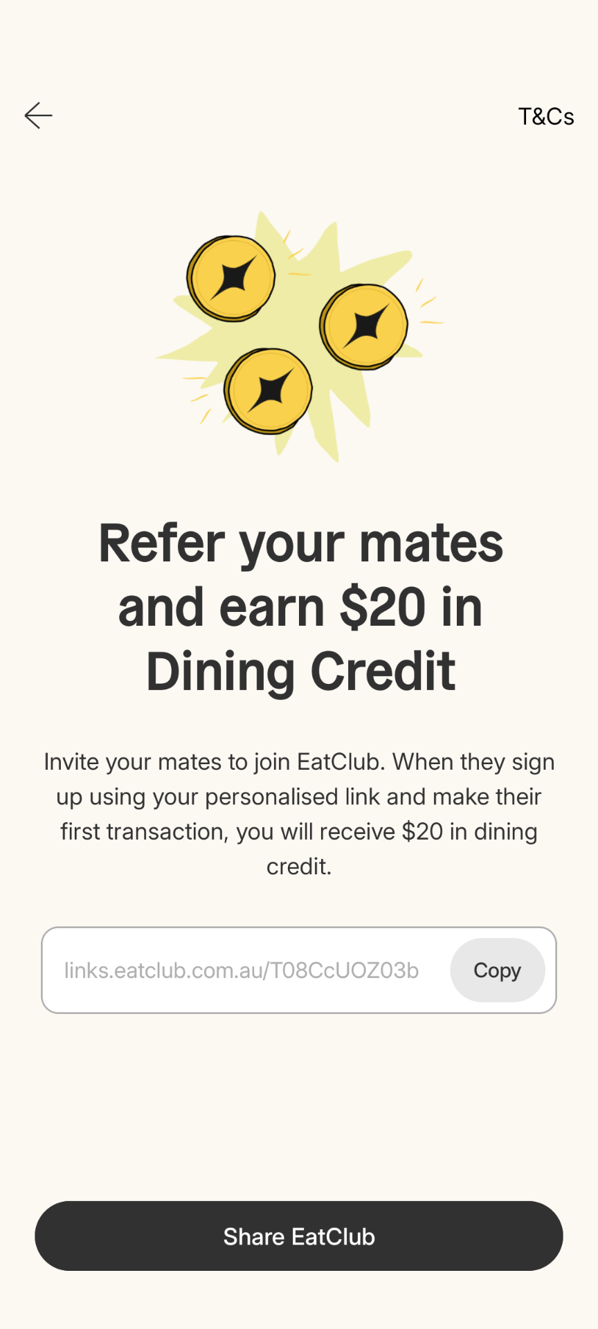 Screenshot of the EatClub referral code applying