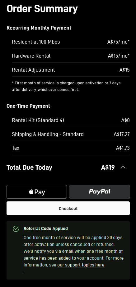 Screenshot of the Starlink referral code applying