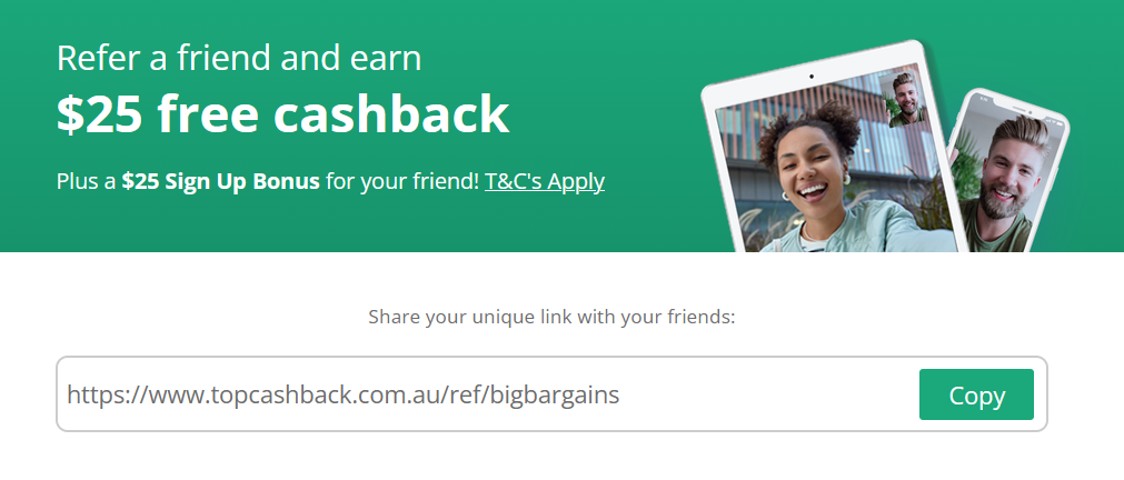 Screenshot of the TopCashback referral code applying