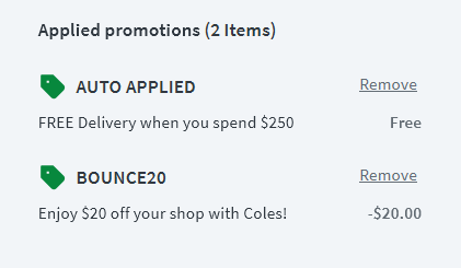 BOUNCE20 applying at Coles checkout, $20 off